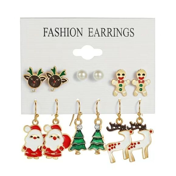 6 Pairs Santa Snowman Cartoon Drip Earrings Set - Picture 1 of 2